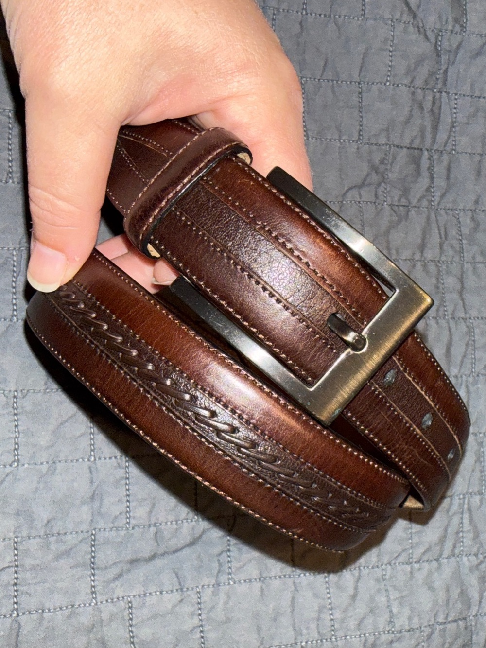 Mezlan Dark Brown Leather Belt with Braided Detail and Brushed Bronze Buckle